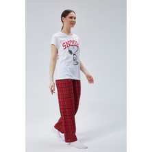 Baks Store Kadın Kırmızı Ekose Snoppy Baskılı Kadın T-Şort Pantolon Takımı