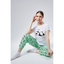 Baks Store Kadın Mint Uyuyan Panda  Baskılı Kadın T-Şort Pantolon Takımı