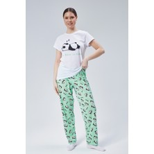 Baks Store Kadın Mint Uyuyan Panda  Baskılı Kadın T-Şort Pantolon Takımı