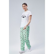 Baks Store Kadın Mint Uyuyan Panda  Baskılı Kadın T-Şort Pantolon Takımı