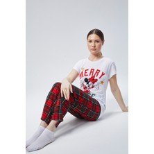 Baks Store Kadın Kırmızı Ekose Fare Baskılı Kadın T-Şort Pantolon Takımı