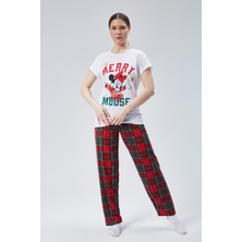 Baks Store Kadın Kırmızı Ekose Fare Baskılı Kadın T-Şort Pantolon Takımı