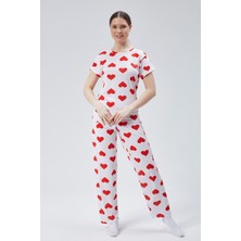 Baks Store Kadın Kırmızı Kalpli Baskılı Kadın T-Şort Pantolon Takımı