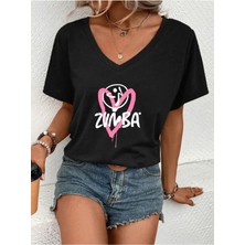 Woodroffe Kadın V Yaka Baskılı Siyah Oversize T-Shirt Salaş Boyfirend