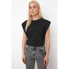 Siyah-Beyaz 2'li %100 Pamuk Vatka Görünümlü Koltukaltı Parçalı Basic Bisiklet Yaka Örme T-Shirt