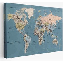 Türkçe Dünya Haritası Ayrıntılı Eğitici-Öğretici Okyanuslu Dekoratif Kanvas Tablo 2522