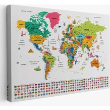 Türkçe Dünya Haritası Eğitici-Öğretici Sembollü Bayraklı Dekoratif Kanvas Tablo 2870