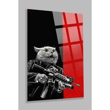 Taulart Ultra Yüksek Çözünürlüklü Kırmızı Siyah Kedi Görseli Ev, Ofis Hediyesi Cam Tablo