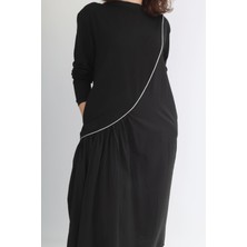 Boutique de Elegante Beyaz Çizgili Uzun Elbise L