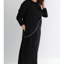 Boutique de Elegante Beyaz Çizgili Uzun Elbise L