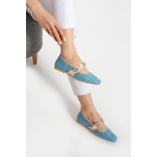 Parparastil Tüvit  Detaylı Arkası Kapalı Alçak Topuklu Mary Jane Günlük Mavi Hasır Kadın Babet