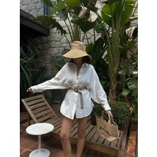 Kadın Ekru Keten Oversize Hasır Kemerli Tunik Gömlek 29049