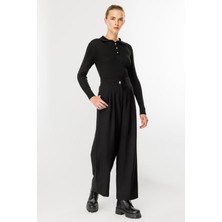 Pileli Yüksek Bel Palazzo Pantolon-Siyah