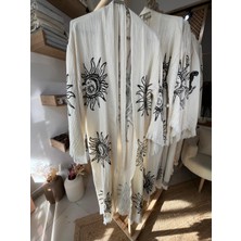 Anika Pamuklu Güneş ve Ay Desenli Müslin Kimono Yeni Nesil Bornoz Kaftan Sabahlık - El Baskı