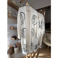 Anika Pamuklu Güneş ve Ay Desenli Müslin Kimono Yeni Nesil Bornoz Kaftan Sabahlık - El Baskı