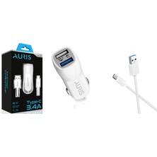 Araç Şarj Cihazı Oto Çakmaklık Şarj Cihazı Seti 2 Port USB + Type C Kablolu Yüksek Hızlı Şarj 3.4 A