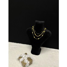 Amor Face Özel Tasarım Gold Inci-Siyah Porselen Boncuk Luxury Kadın 3 Lü  Inci Kolye