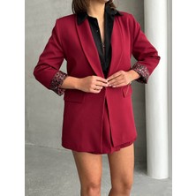 Arzu Has Butik Yeni Sezon Kadın Blazer Ceket İçi Leopar Astar Detaylı Düğmesiz Uzun