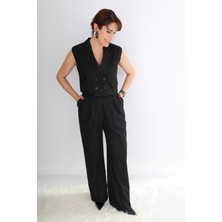 Boutique de Elegante Palazzo Pantolon Crop Yelekli Takım Siyah - M