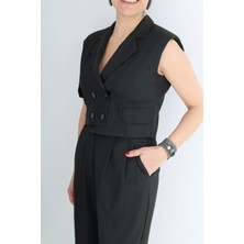 Boutique de Elegante Palazzo Pantolon Crop Yelekli Takım Siyah - M