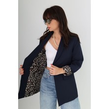 Boutique de Elegante Leopar Astarlı Blazer Ceket Lacivert - M