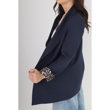 Boutique de Elegante Leopar Astarlı Blazer Ceket Lacivert - M