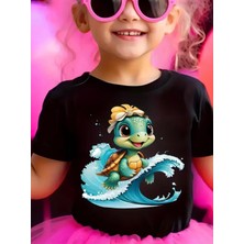Punıx Kıds  Özel Üretim  Sörfçü Kaplumbağa  Basklı  Yeni  Stil  Kız Çocuk  Ter  Tutmayan  Yazlık  T-Shırt