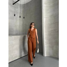 Arzu Has Butik Yeni Sezon Yelek Pantolon Ikili Takım/kurdele Düğmeli Içi Astarlı Yelek Palazzo Pantolon