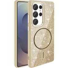 Galaxy S25 Ultra Kılıf Magsafe Şarj Özellikli Parlayan Simli Zore Okso Kapak - Gold