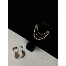 Amor Face Luxury  Tasarım Özel Davet Gece Gold -Beyaz-Kare Boncuk Sıralı 3 Lü Kadın Inci Gerdanlık