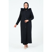Çakıl Kadın Büyük Beden Astarlı Tesettür Kapüşonlu Düğmeli  Kaşe Manto