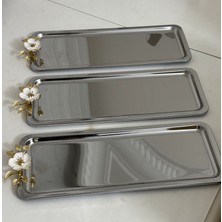 Çelik Dikdörtgen Model 3 Adet Beyaz Papatyalı Sunum Tepsisi