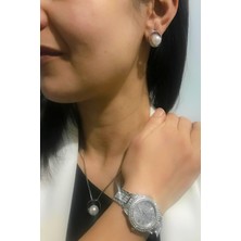 Chibago Gümüş Rengi Kadın Saat Kolye Küpe Kombin Set