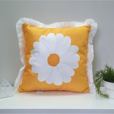 Decofav Sulu Boya Papatya Tasarımlı Kadife Kırlent Kılıfı Saçak Detaylı