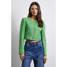 Cep Detaylı Düğmeli Tüvit Ceket Fıstık Yeşili