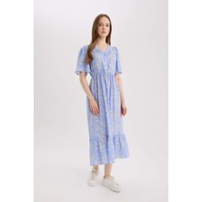 DeFacto Regular Fit V Yaka Çiçek Desenli Kısa Kollu Midi Yazlık Elbise E8664AX25SM
