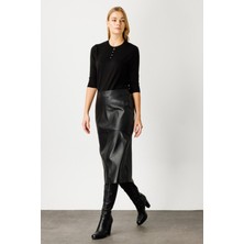 On Yırtmaçlı Deri Kalem Etek