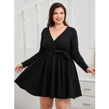 Civarda Moda Uzun Kollu Kruvaze Yaka Kuşak Detay Salaş Şardonlu Kaşkorse Mini Elbise