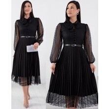 Civarda Moda Denim Kumaş Dantel Detay Pileseli Elbise