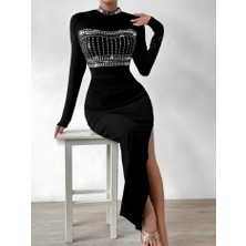 Civarda Moda Yarım Balıkçı Yaka Taş Işemeli Bacak Dekolteli Maxi Boy Elbise