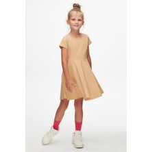 Sütlü Kahve Renkli Basic Kız Çocuk Kısa Kollu Elbise