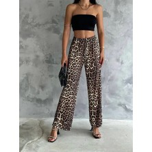 Kadın Varak Baskılı Leopar Desenli Mevsimlik Beli Lastikli Geniş Paça Pantolon