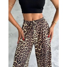 Kadın Varak Baskılı Leopar Desenli Mevsimlik Beli Lastikli Geniş Paça Pantolon