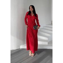 Pliseli Kuşaklı Elbise - Kırmızı