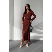 Pliseli Kuşaklı Elbise - Kahverengi