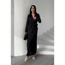 Pliseli Kuşaklı Elbise - Siyah