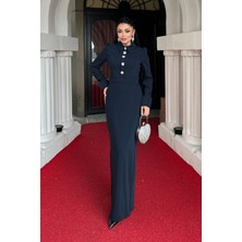 Atlas Kumaş Manşet Detaylı Abiye Elbise - Lacivert