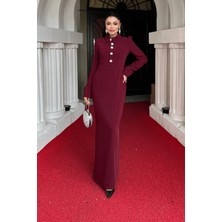 Atlas Kumaş Manşet Detaylı Abiye Elbise - Bordo