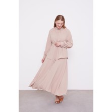 Lêvi D'or Koyu Bej İnci Yaka Detay Etek Takım