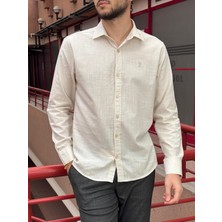 İnpool Erkek, Gömlek Yaka, Regular Fit, Pamuklu, Keten Dokuma, Old Money Culture, Nakış Detaylı Gömlek G10